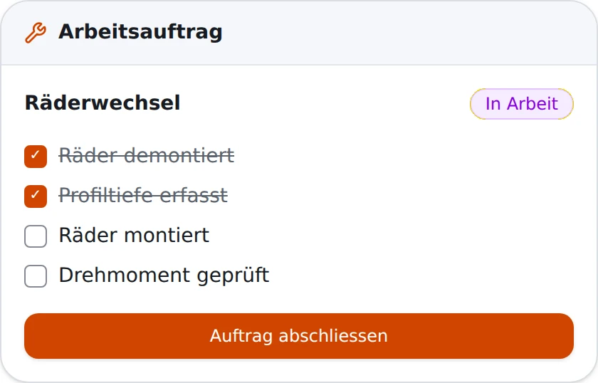 Arbeitsauftrag Räderwechsel mit Checkliste im Werkstattmodus