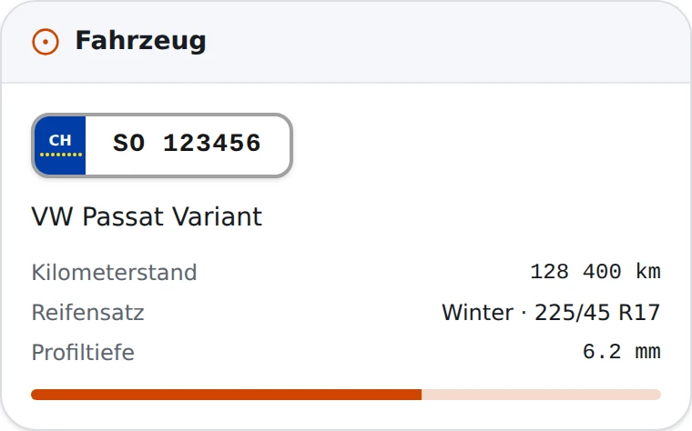 Fahrzeugkarte mit Schweizer Kontrollschild, Kilometerstand und Profiltiefe