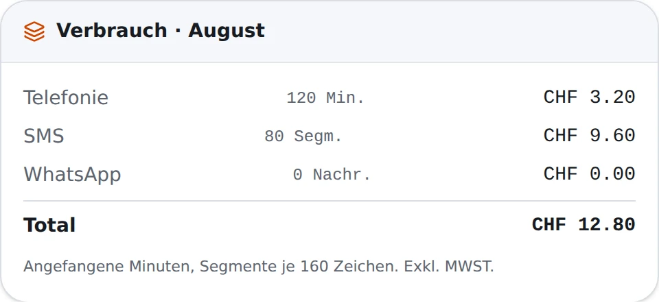 Verbrauchsübersicht eines Monats mit Telefonie, SMS und Gesamtbetrag